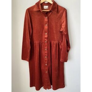Vtg Hanes Signature Collection Ribbed Velvet Midi Dress L Button Front 80's Rust